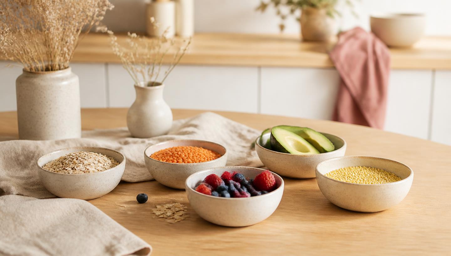 Keramikschalen mit Haferflocken, Linsen, Beeren, Avocado und Hirse auf hellem Holztisch