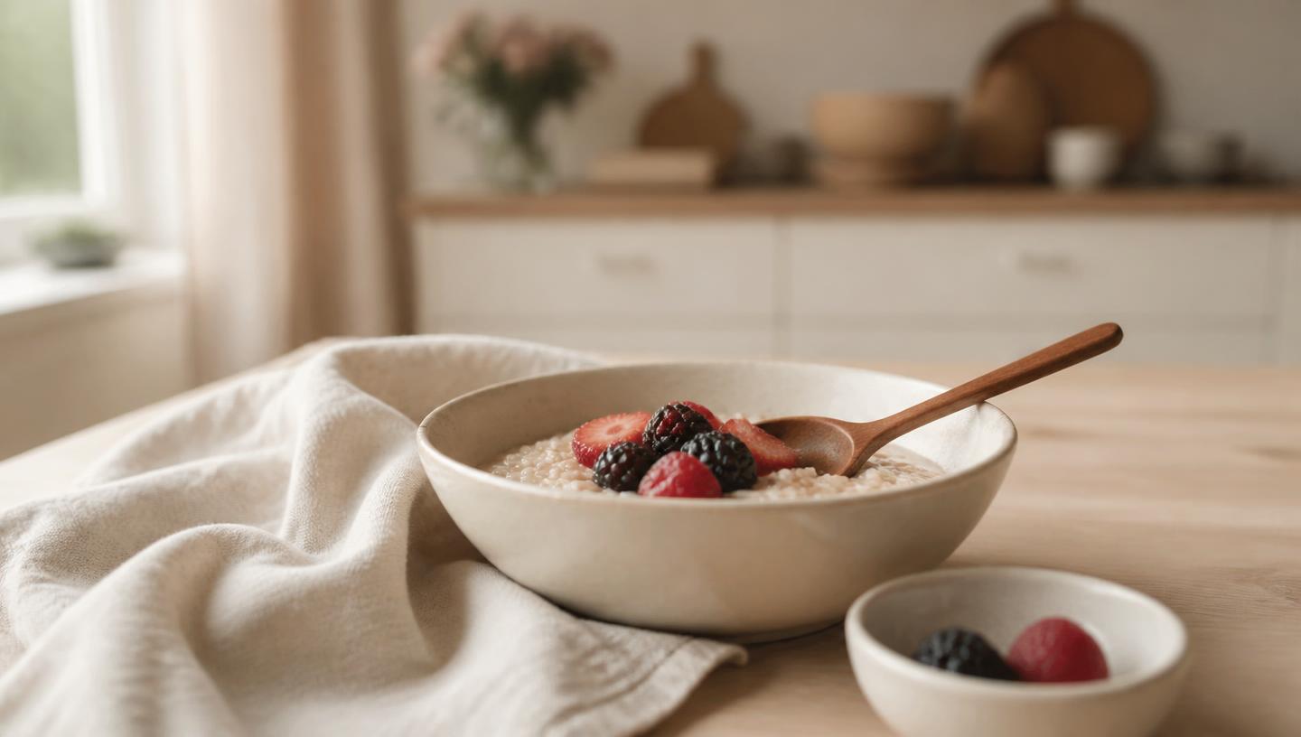 Keramikschale mit Hirsebrei und weichen Beeren auf hellem Holztisch