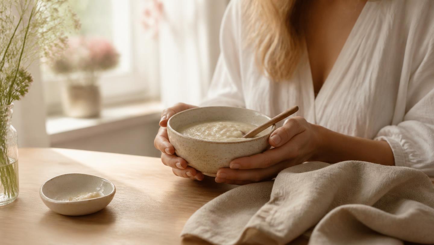 Hände einer Mutter halten eine Keramikschale mit Babybrei und Holzlöffel