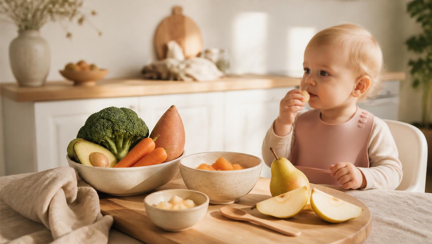 Frisches Gemüse und Obst für die Beikost auf einem Holzbrett neben einem Baby im Hochstuhl