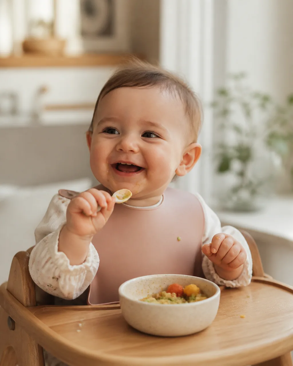Fröhliches Baby isst selbstständig aus einer kleinen Schale