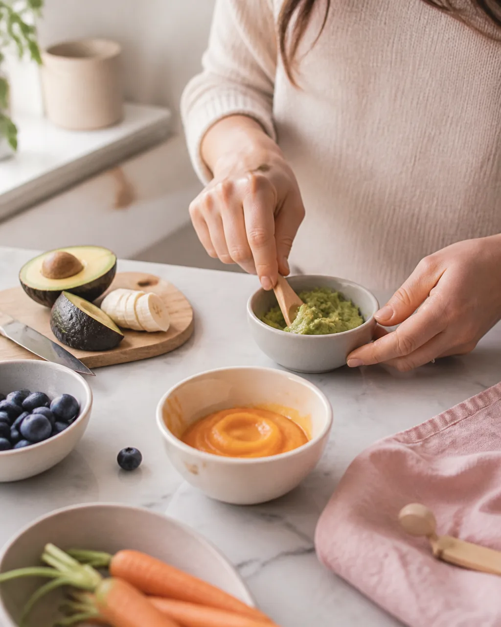 Mama bereitet frisches Baby-Essen in der Küche zu